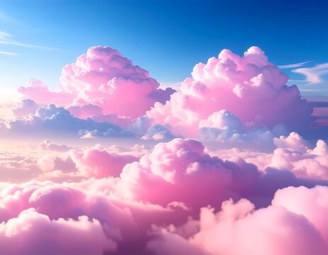 Soft pink clouds against a gradient blue sky, ethereal scene