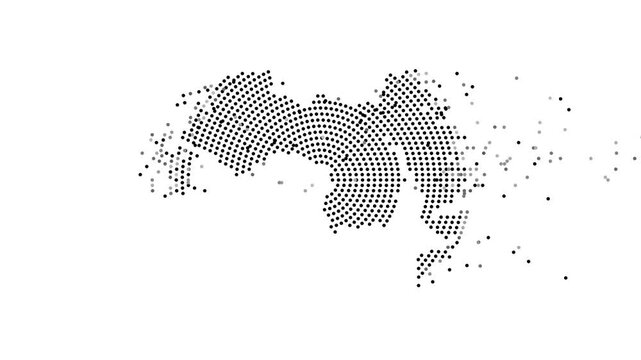 Arab World Map Forming from Flying Dots in Gray to Black