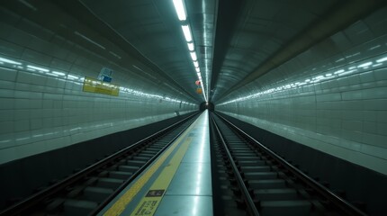 Subway tunnel with tiled walls, illuminated ceiling lights and empty dual rail tracks in deep perspective