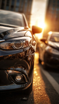 Black sedan with front-end collision damage parked on city street during sunset, reflecting warm golden light, with visible dents and scratches on the bumper and hood