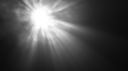Abstract radiant burst of light piercing a dark background with dramatic lens flare, star like sparkles and glowing beams creating dynamic contrast and intense, futuristic energy