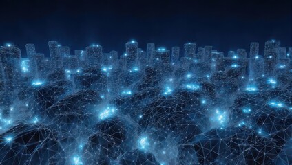 Futuristic Cityscape with Glowing Network Connections and Abstract Architecture.