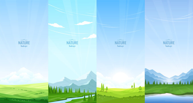 Collection of landscapes with natural scenery. Green hills covered with grass, river flowing through the valley, mountains, and trees. Vector illustration.