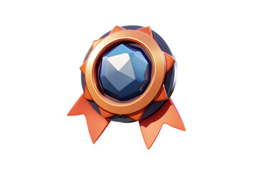 3d illustration of award badge with blue and orange ribbon on transparent background