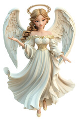 Cute little girl in a white dress with wings on transparent background. 3d rendering