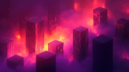 Abstract three dimensional blocks emerging from vibrant glowing purple and orange mist, representing digital data visualization, technological growth, or futuristic urban landscapes