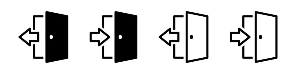 Set of exit and enter door icons. Vector illustration of login and logout symbols. Open door with arrow signs isolated on white background.