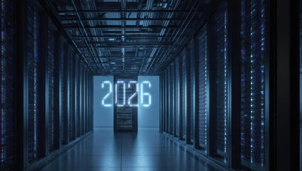 Futuristic Data Center with 2026 Sign Illuminating the Server Racks.