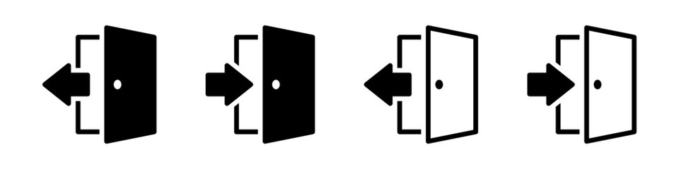 Set of exit and enter door icons. Vector illustration of login and logout symbols. Open door with arrow signs isolated on white background.