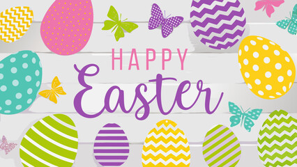 Vibrant Easter eggs and butterflies celebrate Happy Easter