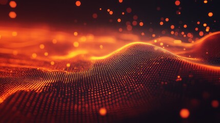 Glowing orange particles form an abstract, undulating digital landscape, creating a sense of data flow and technological connection across a dark background, representing intricate web visualization