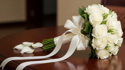 Elegant white rose bouquet tied with a ribbon, placed on a table. Symbolizes purity, love, weddings, romance, and timeless floral beauty. Ideal for wedding, event, and decorative concepts.