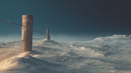 Obraz premium Snowy Landscape and Fence Post: A rustic wooden fence post stands sentinel in a serene, snow-covered landscape under a twilight sky, creating a scene of peaceful isolation and quiet beauty.