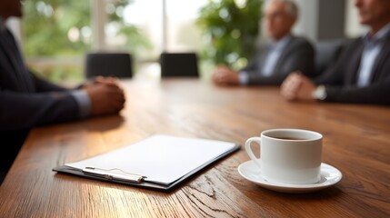A business meeting in progress with a coffee cup and documents on a conference table