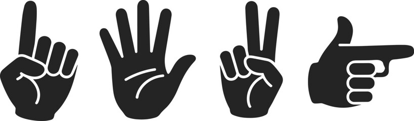 Obraz premium Four Black Silhouette Hand Gestures Including Pointing and Counting on White Background icon symbol