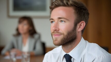 A professional man in a shirt and tie smiles thoughtfully during a business meeting in a modern office