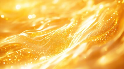 Golden flowing light forms elegant wave patterns with shimmering particles and bokeh, a vibrant, luxurious abstract background evoking celebration, warmth and liquid motion