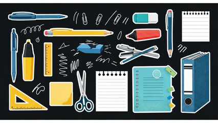 Modern Retro Halftone Office Stationery Sticker Elements Set on Black Background