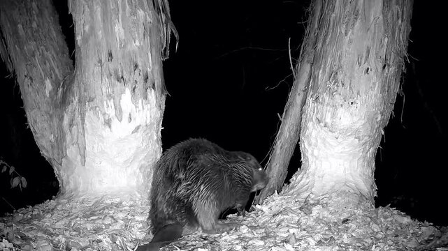 Wilder Biber, Castor fiber, nagt an Stamm im Auwald, Biberschwanz, Biberbiotop, Nachtaufnahme