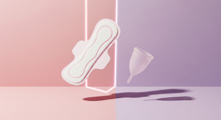 Modern feminine hygiene products for a sustainable lifestyle concept, menstrual cup and a pad for period days and female wellness, promoting body positivity