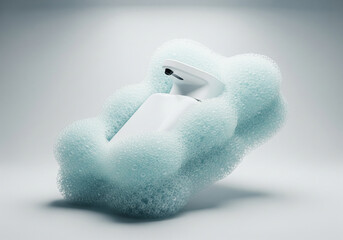 Modern Automatic Soap Dispenser Surrounded by Luxurious Bubbles, Promoting Cleanliness and Hygiene, Perfect for Health and Wellness Campaigns