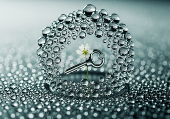 Unlock Your Potential A key surrounded by glistening water droplets, paired with a delicate white flower, symbolizes fresh starts and bright futures