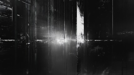 Dark abstract digital art background displaying a modern glitch effect with vertical lines and a distressed texture, symbolizing technology, data corruption, and futuristic design concepts