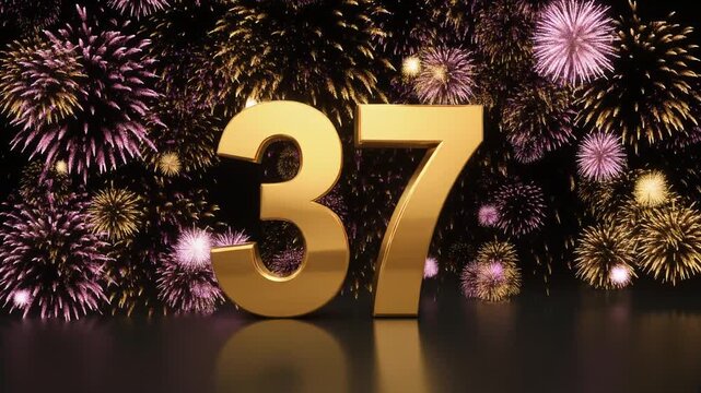 Gold number 37 with fireworks in the background. Festive scene for birthday or anniversary party