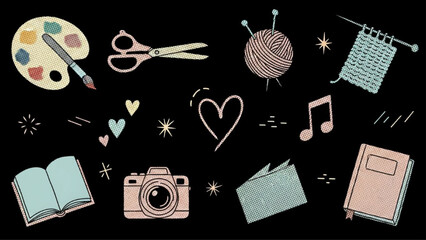 Modern Retro Halftone Hobbies Crafts Sticker Elements Set on Black Background