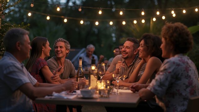 Cheerful people sitting around a wooden table eating dinner and socializing outside in a beautiful park or garden at twilight.