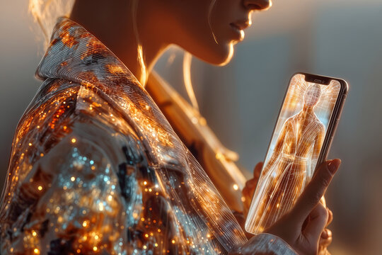 Close-up young woman using smartphone virtual try-on technology to preview holographic luxury outfit in modern dressing room with dramatic lighting