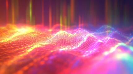 Digital data network creating an abstract landscape with luminous interconnected points and vibrant light beams, conceptualizing technology, communication, and visual representation of information