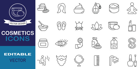 Collection of cosmetic icons related to makeup, skincare, hair care, serum, anti ageing, treatments, skin care, massage, hyaluronic acid, pore tighten, cosmetology and more. Vector illustration.