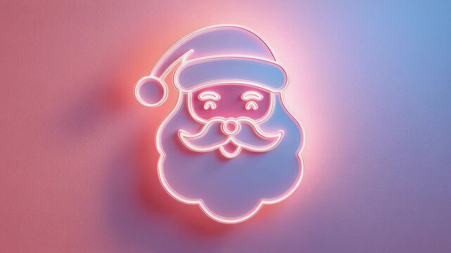 A neon santa with a red hat and a white beard. The santa is smiling. Soft pastel santa face icon on bright background, subtle festive glow, minimal winter styling, pastel christmas santa background