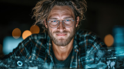 Confident male professional analyzing glowing futuristic holographic marketing data visualizations with charts and strategic insights in dark tech environment