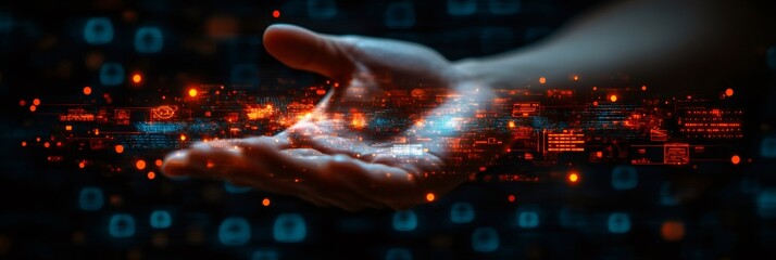 Human hand receiving global digital data network