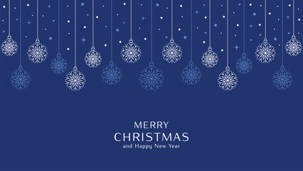 Luxury blue Christmas card vector template; Minimalist line art snowflakes decoration; Elegant winter holiday invitation