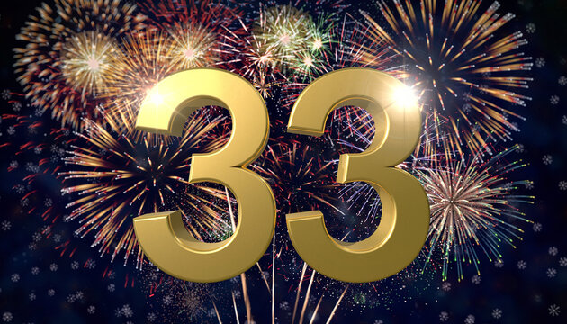 Gold number 33 with fireworks in the background. Festive scene for birthday or anniversary party