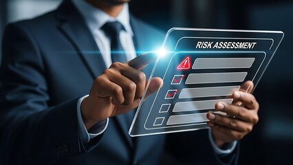Businessman Analyzing Digital Risk Assessment Checklist on Futuristic Transparent Display.