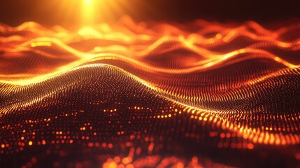Abstract digital landscape showing glowing particles forming a dynamic, wavy surface illuminated by a bright light, representing data flow, technology, or energy concepts