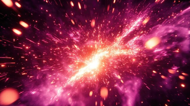 Red and pink glowing particles creating an energetic burst, scattering outwards from a bright central point against a dark background, representing cosmic events or digital dynamism - Powered by Adobe