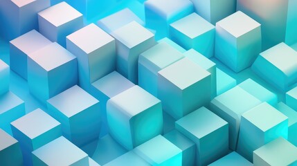 Fototapeta premium Abstract arrangement of geometric cubes of varying heights, creating a modern volumetric background with gradients of blue and teal light reflecting on the surfaces
