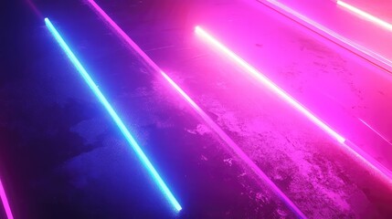 Parallel neon light lines, vibrant in blue and pink colors, radiating illumination across a textured dark background, creating a futuristic and dynamic ambience