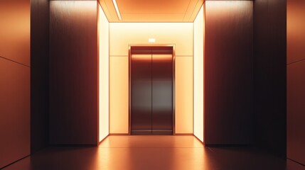 Contemporary elevator door with sleek metallic finish framed by warm illuminated panels, minimalist hallway evoking luxury, progression and modern architectural design