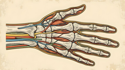 Anatomical Illustration of Human Hand Skeleton and Tendons.
