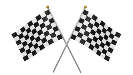 Two checkered flags crossed on silver poles isolated on a transparent background