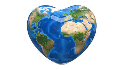 Heart shaped earth globe with blue oceans isolated on a transparent background planet