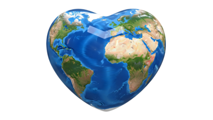 Heart shaped earth globe with blue oceans isolated on a transparent background planet