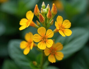 Fototapeta premium Small yellow wallflower blossoms bloom on green stem. Delicate petals open in sunlight. Buds grow near flowers. Garden plants show natural beauty.