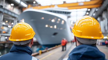 Fototapeta premium Large ferry under inspection in dry dock, heavily defocused background, faceless engineers wearing helmets observing massive vessel, shipyard maintenance assessment, maritime quali